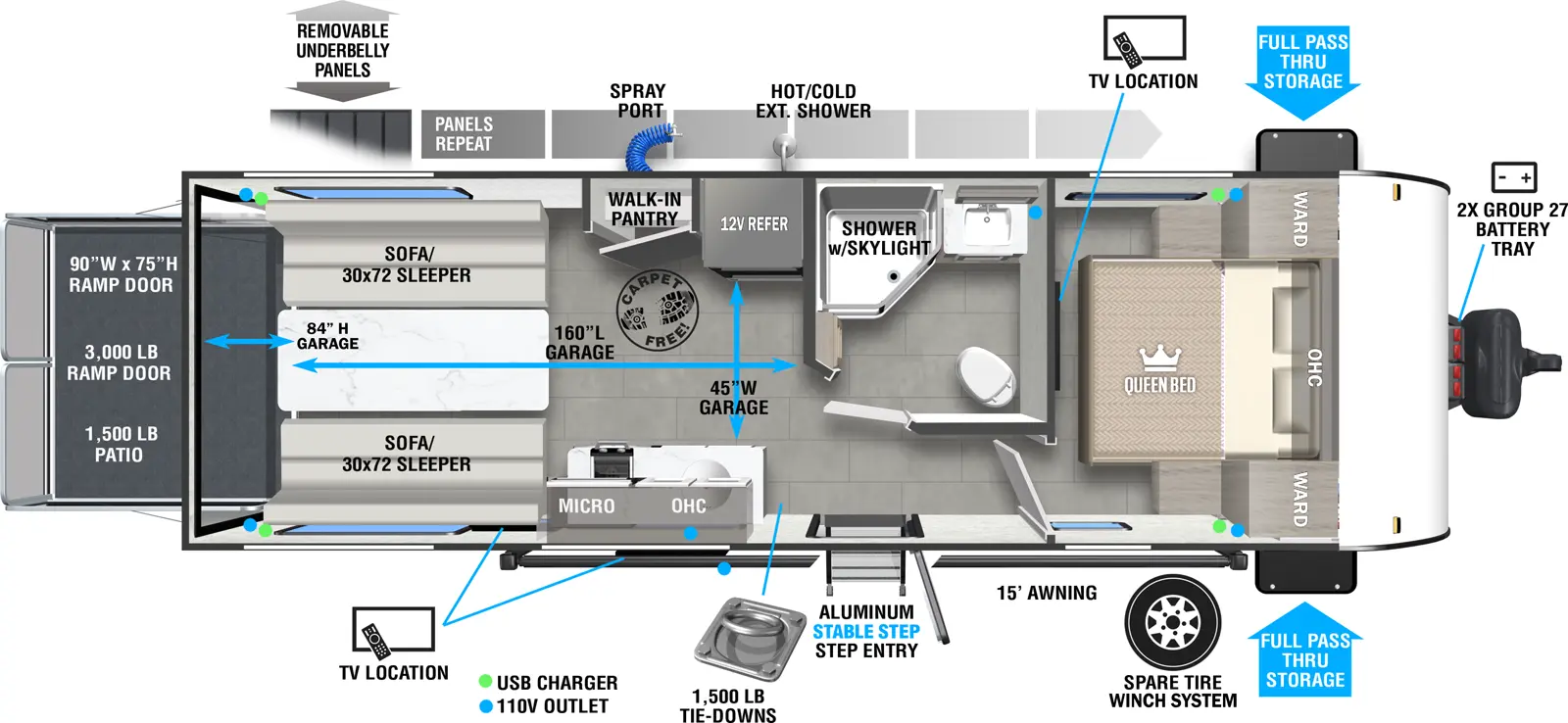 The Wildwood FSX 210RTK floorplan is a toy hauler that has one entry and zero slide outs. Exterior features include: fiberglass exterior and 15' awning. Interiors features include: front bedroom.